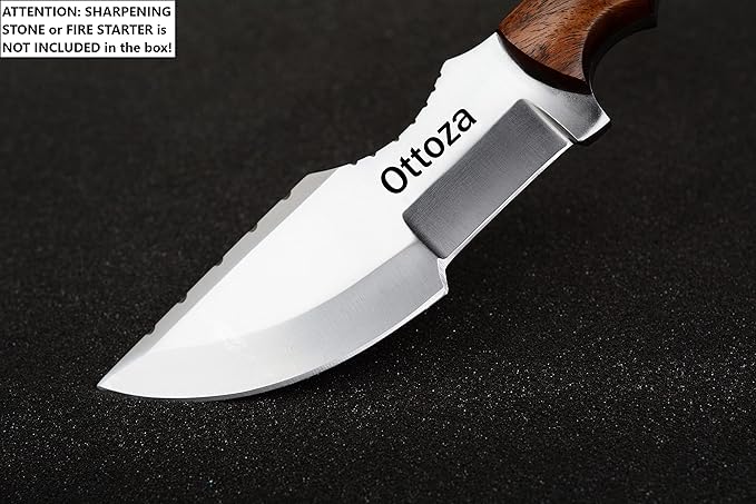 Ottoza D2 Steel Camping Tracker Knife with Wood Handle and Horizontal Carry Leather Sheath – Full Tang Outdoor Hunting Knife 116