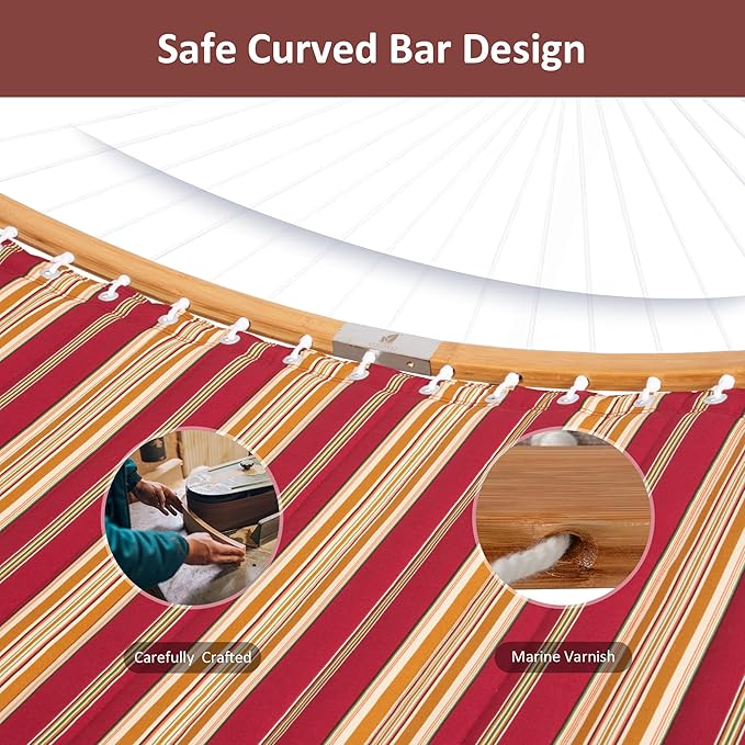 SUNCREAT Hammocks Portable Hammock with 12 ft Stand Included Double Hammock with Curved Spreader Bar Red Stripes