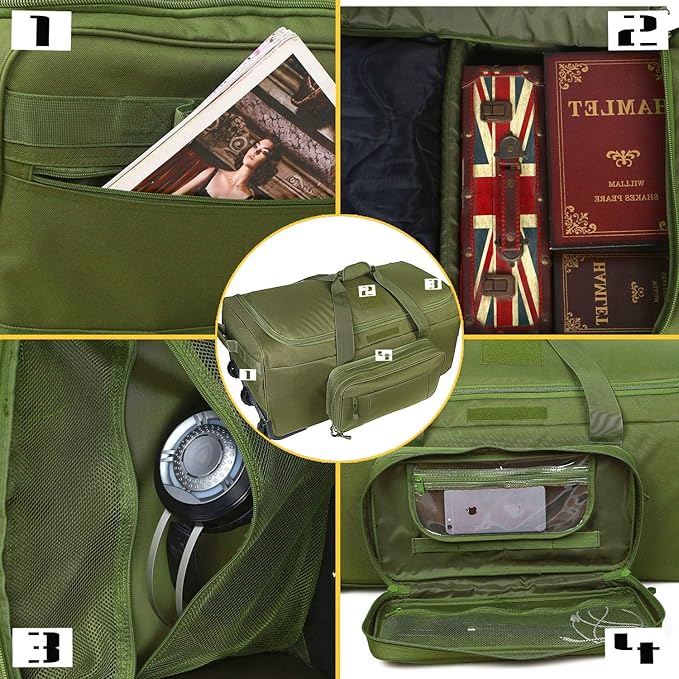 Military Wheeled Deployment Bag Large Tactical Heavy Duty Duffel Bag for Camping Hiking (Green)