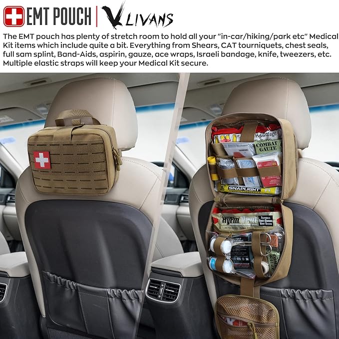 LIVANS Tactical Molle Medical Pouch - Upgraded Size Large Capacity IFAK Pouch with Detachable Quick Release and Headrest Mount Includes Flag and Cross Patch