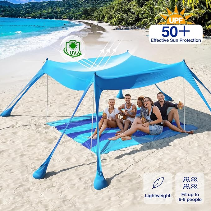 Rhino Valley Beach Tent Shade Canopy UPF50+ Protection 8 Sandbags 4 Stability Poles Outdoor Sun Shelter Umbrella for Sand Camping Fishing Essentials