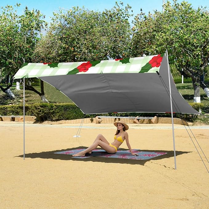 xigua Cherry Beach Tent Sun Shelter with Carrying Bag - Silver Coated Oxford Fabric Beach Canopy for Beach Camping Fishing - Includes Windproof Ropes Sandbags &amp Stakes