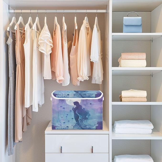 MNSRUU Containers Baskets with Lids Jellyfish Mermaid Moon Fabric Foldable Storage Bins Organizer with Lid Collapsible Storage Boxes for Home Bedroom Closet Office
