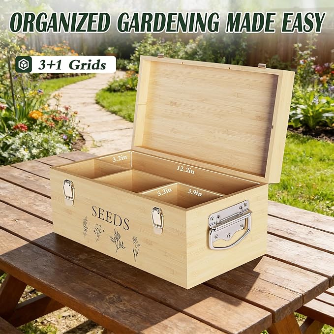 Bamboo Seed Storage Organizer Large Garden Seed Organizer with Lid &amp Safety Lock &amp Handles Seed Box Storage Organizer Includes Seed Envelopes and Labels etc Great Gifts Gardening Kit (Wood)