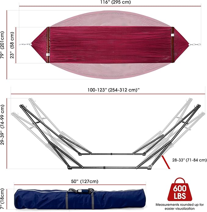 Tranquillo Adjustable Hammock Stand Collapsible Camping Hammock with Stand 600 lbs Capacity Hammock Stand for 2 Persons Foldable Sturdy Noiseless Stand for Active Life Carry Bag Included Red