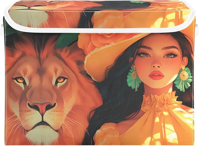 Storage Cube with Lid Lion and Lady Print 16.5×12.6×11.8 IN Collapsible Large Capacity Foldable Storage Basket Bin Organizer