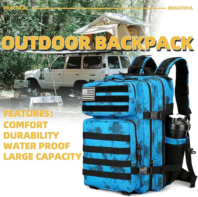Lovelinks21 25L Tactical Backpack Military Tactical Backpack for Men and Women Small Assault Pack Outdoor Travel Hiking Camping Rucksack with Molle Webbing (Blue Water Pattern)