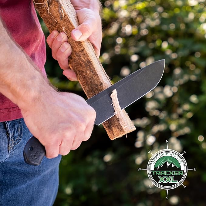Off-Grid Knives - TRACKER-XXL Fixed Blade Knife Cryo D2 Blade Steel G10 Scales Kydex Sheath OG Lo-Pro Belt Attachment Chopping Camping Bushcraft Hunting Survival (Blackout)