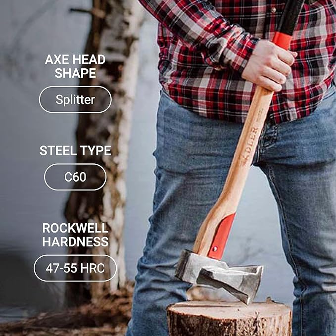 Adler – The Long Splitter Axe – German Made Heavy-Duty Wood Splitting Tool 31.5 Anti-Slip Hickory Handle w/Leather Sheath 4-1/2 lb Head Splits Logs up to 10 inches for Camping &amp Firewood (A10