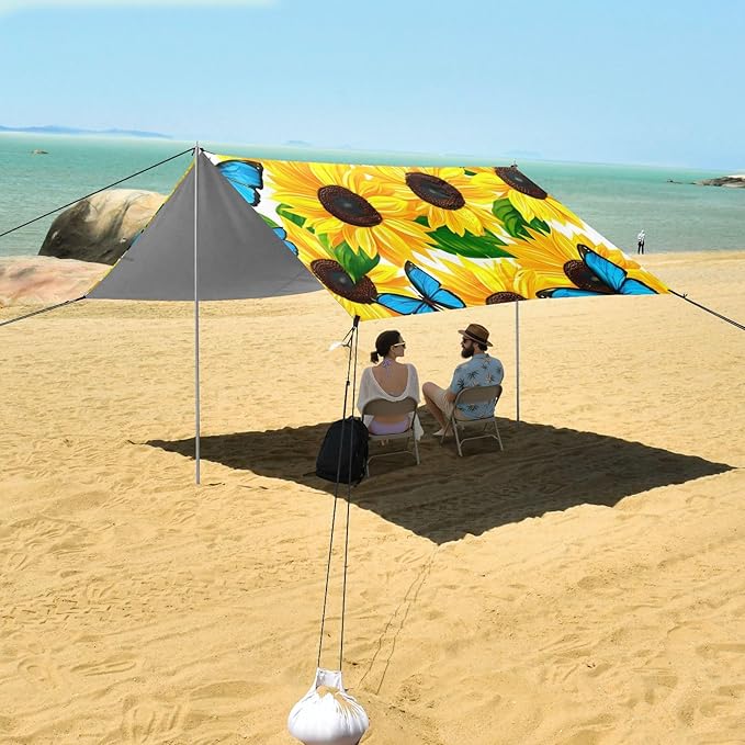 Beach Canopy with Windproof Ropes &amp Sandbags Beach Tent Sun Shade Sun Shelter for Camping Trips Fishing Backyard Fun or Picnics Sunflowers