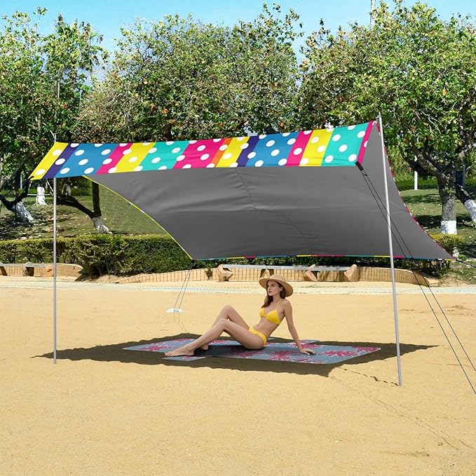 Beach Canopy with Windproof Ropes &amp Sandbags Beach Tent Sun Shade Sun Shelter for Camping Trips Fishing Backyard Fun or Picnics Stripes