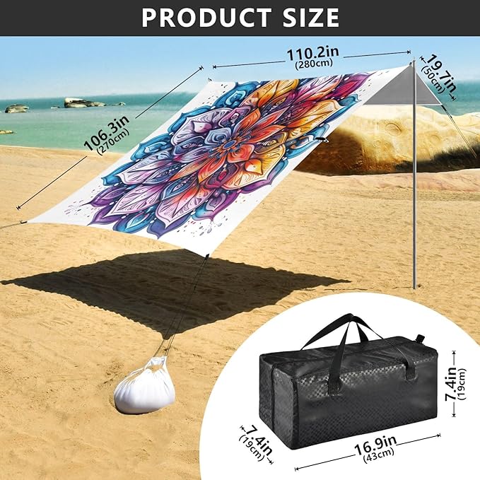 ALAZA Tie Dye Mandala Beach Tent Sun Shelter UPF50+ Protection Beach Shade Canopy w/ 4 Sandbags for Outdoor Camping Fishing Backyard Fun Picnic 10x9 ft