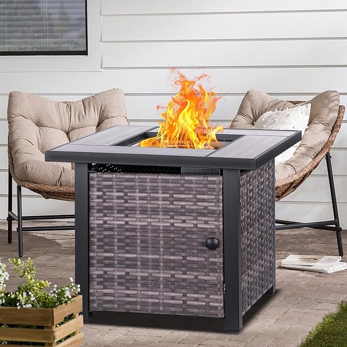 OutVue 30 Propane Fire Pit Table with Real Ceramic Tabletop &amp Ratten Side Panel 50000 BTU Gas Firepit Table with Lid &amp Glass Rock Outdoor Fire Pit for Dining or Party Firepit for Outside