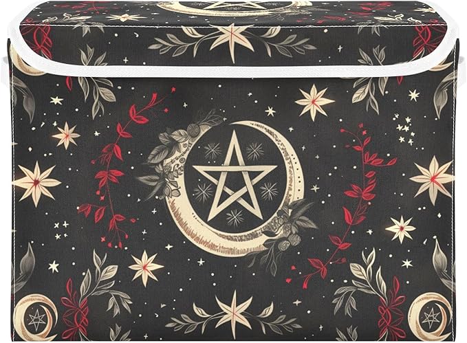 Pagan Wiccan Black Large Storage Bins with Linen Foldable Storage Box Fabric Closet Organizer Containers Cubes with Flip-Top Lid for Home Office 16.5” x 12.6” x 11.8”