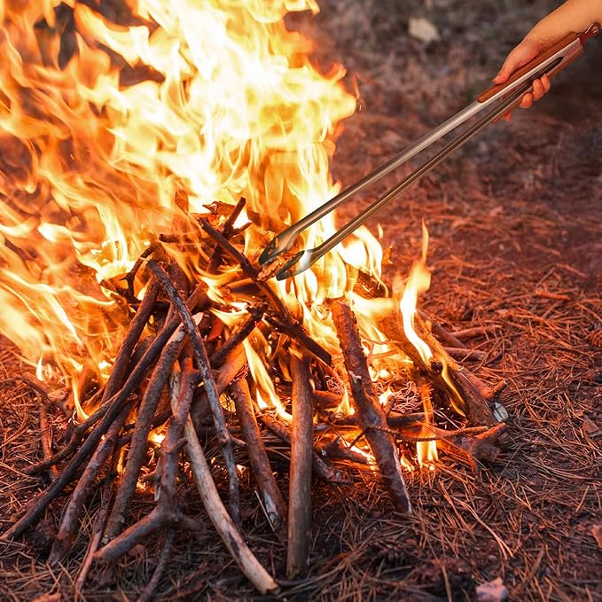 XUDAKAIXIN Fire Pit Tongs 32-inch Super Long for Loading WoodBBQ with Extended Luxurious Acacia Handle for Fire Pits Fire RingsCampfires and Fireplaces Outdoor or Indoor ﻿