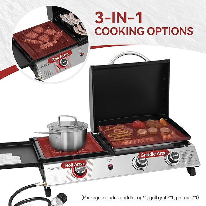 Royal Gourmet PD1305H 3 Burner Propane Gas Grill and Griddle Combo with Lid 3-in-1 Grill Griddle Combo with 29000 BTUs Output for Outdoor Cooking 364 Sq. In. Cooking Area Silver &amp Black