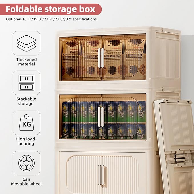 3-Tier Stackable Storage Bins with Lids Foldable Plastic Organizer with Wheels for Closet Bedroom (Reinforce Stripe - 2 Clear &amp 1 Yellow 3 Tier - 16.1 D x 10.8 W x 25.7 H)