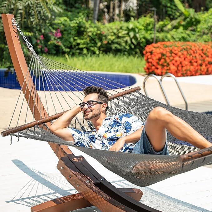 Lazy Daze Hammocks 10.5 FT Double 2 Person Caribbean Rope Hammock Hand Woven Polyester Hammock with Spreader Bars for Outside Outdoor Backyard Patio Poolside 450 LBS Capacity Gray