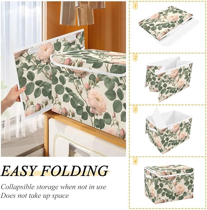 Blush Pink Rose Retro Collapsible Storage Bins with Lids Decorative Fabric Cubes Closet Organizer Basket Boxes Containers for Clothes Box Chest Folding Rectangle