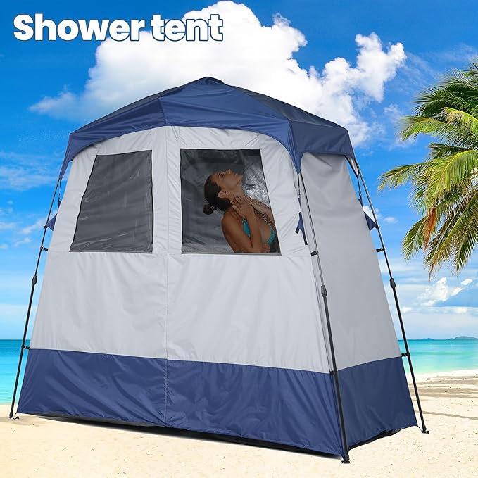 Camping Shower Tent Deluxe Changing Room Easy Set Up Privacy ShelterLarge Toilet Tent with Floor Drain Design for Beach CampingHiking with Stakes and Ropes for Stability