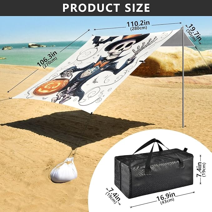 ALAZA Pumpkin Skull Skeleton Halloween Beach Tent Sun Shelter UPF50+ Protection Beach Shade Canopy w/ 4 Sandbags for Outdoor Camping Fishing Backyard Fun Picnic 10x9 ft