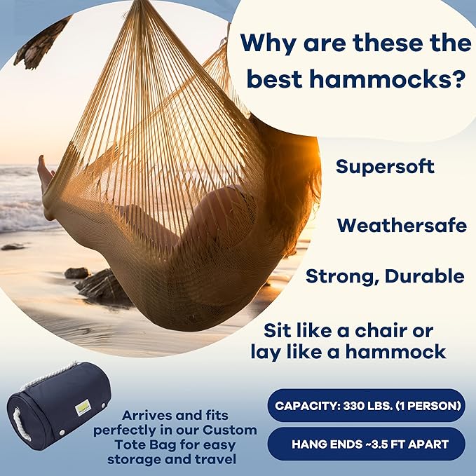 Handwoven Hanging Chair by Yellow Leaf Hammocks - Fits 1 Person 330lb Max - Kick Back for Full-Body Recline - Weathersafe Ultra Soft Hang Anywhere - Color: Natural Khaki