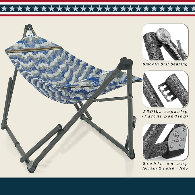 Tranquillo Uniki 550 lbs Capacity Double Hammock Stand Adjustable Collapsible Camping Hammock and Stand Signature Steel Stand Breathable Polyester Hammock Net Chevron