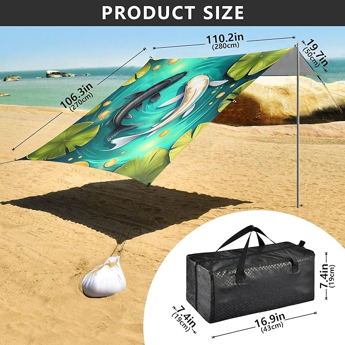 Fish Beach Canopy Sun Shelter with Sandbags &amp Sand Shovel &amp Windproof Ropes - Portable 110x126 Beach Shade Beach Tent for Camping Picnics