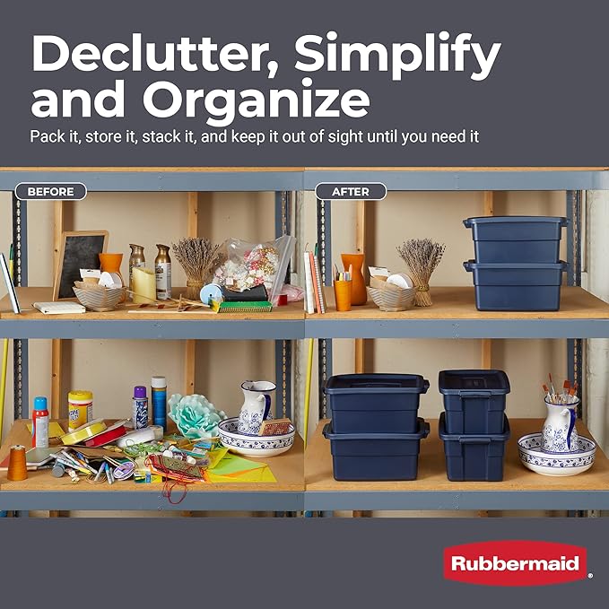 Rubbermaid Roughneck Tote 3 Gal 6 Pack Made in USA Dark Indigo Metallic Rugged Plastic Stackable Storage Bins with Lids and Handles