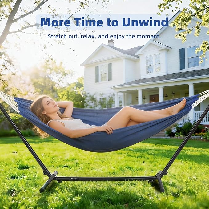 EchoSmile Double Hammock with Detachable Stand - 480 lbs Heavy Duty 2 Person Adjustable Hooks Indoor Outdoor Stand Hammock Durable Steel Frame Blue