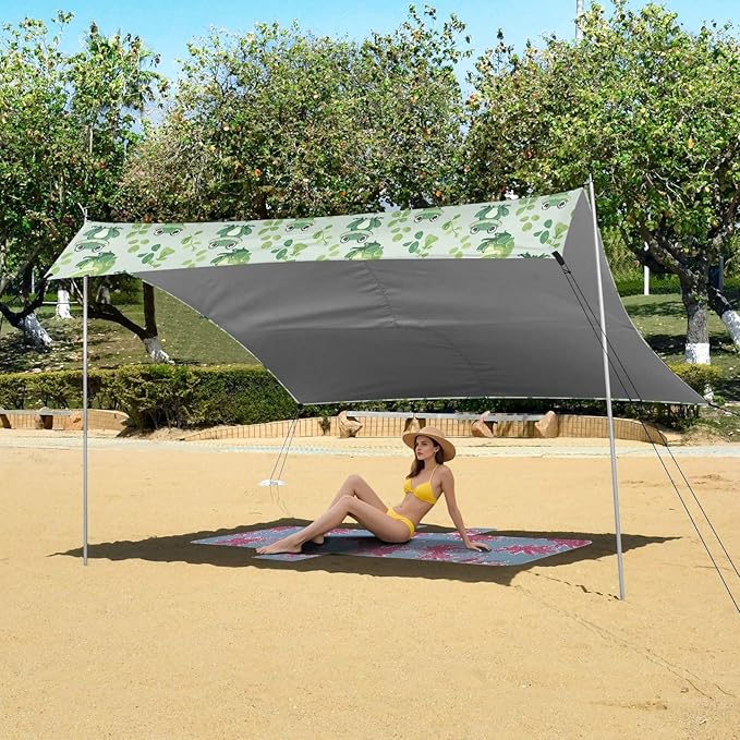 ALAZA Cartoon Frog Leaves Beach Tent Sun Shelter UPF50+ Protection Beach Shade Canopy w/ 4 Sandbags for Outdoor Camping Fishing Backyard Fun Picnic 10x9 ft