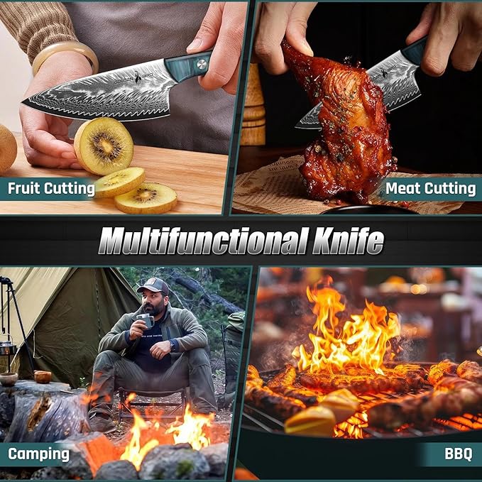 Golden Bird Damascus Steel Knife for Kitchen and Outdoor - Hand Forged Camping Cooking Knife with Resin Handle All Purpose Small Kitchen Knives with Sheath Gift for Men &amp Women
