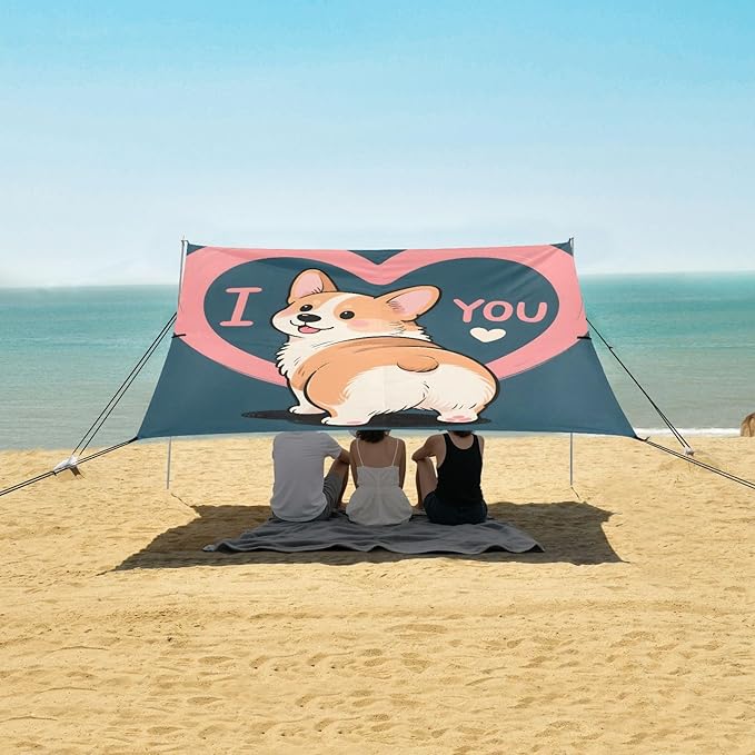 ALAZA Cute Corgi Pink Heart Beach Tent Sun Shelter Portable Canopy Sunshade for Outdoor Camping Picnics Backyard Fun 10x9 ft