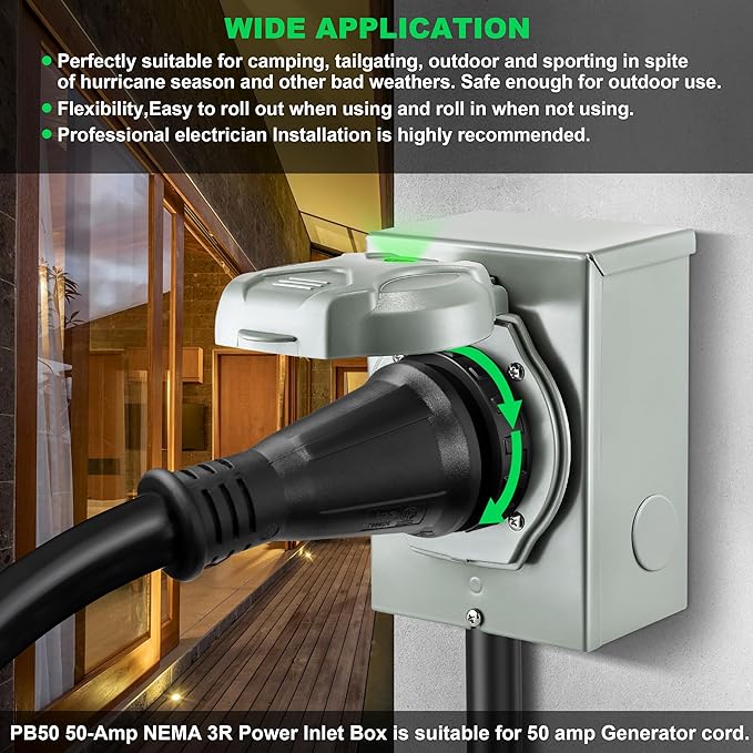 50 Amp Generator Cord and Inlet Box Kit - 50FT ETL Certified Twist Lock NEMA 14-50P to SS2-50R Pre-Drilled for Easy Installation STW 6/3+8/1 AWG for 125V/250V