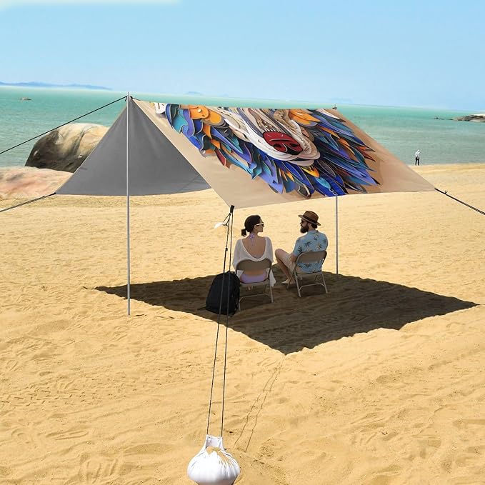 ALAZA Colorful Wolf Head Beach Tent Sun Shelter UPF50+ Protection Beach Shade Canopy w/ 4 Sandbags for Outdoor Camping Fishing Backyard Fun Picnic 10x9 ft