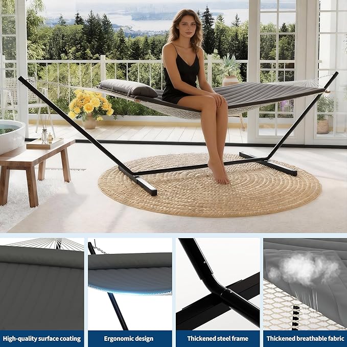 12 ft Double Hammock with Stand Portable 2 Person Outdoor Hammock with Stand for Patio Backyard Garden Heavy Duty Hammock with Soft Pillow &amp Balance Ropes Folding Hammock Grey