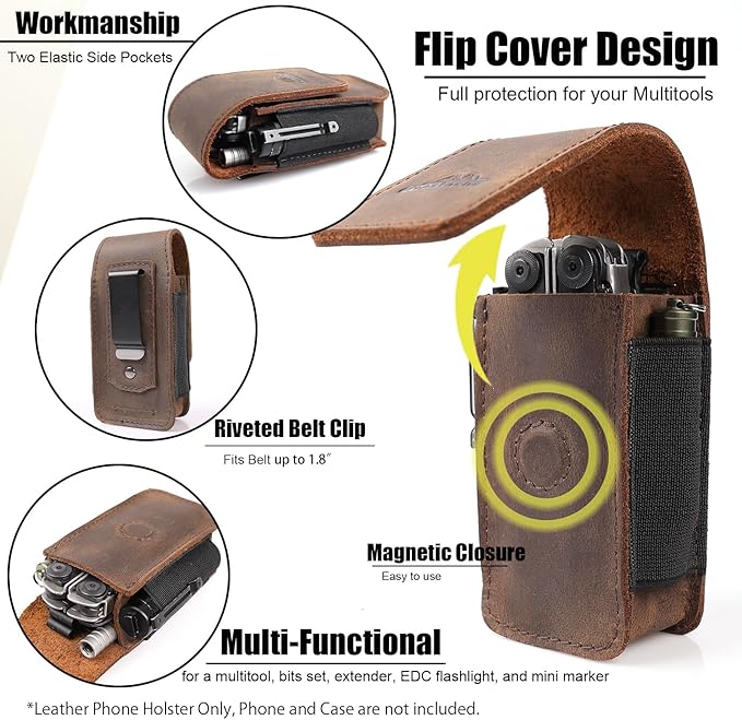 Topstache Multitool Sheath for Men - Belt Leather Multitool Holster - EDC Belt Organizer for Leatherman Gerber - Magnetic Closure Multitool Pouch Fits Folding Tool Darkbrown