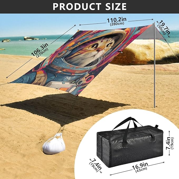 ALAZA Cute Cat Astronaut Beach Tent Sun Shelter Portable Canopy Sunshade for Outdoor Camping Picnics Backyard Fun 10x9 ft