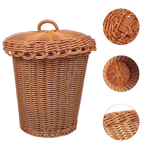 Alipis Imitation Rattan Woven Trash Basket with Lid 12.20X9.64X9.44 Inch Desktop Garbage Bin for Home Office Study Storage Organizer Sundries Container
