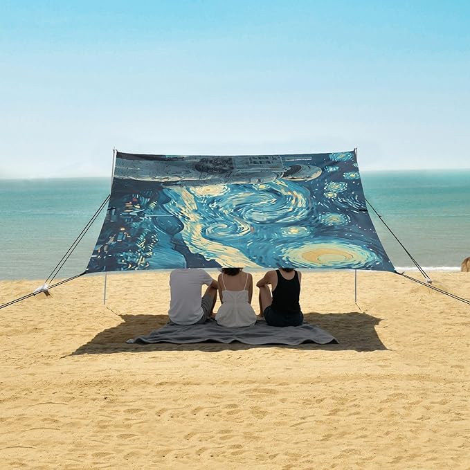 ALAZA Astronaut Starry Night Sky Beach Tent Sun Shelter UPF50+ Protection Beach Shade Canopy w/ 4 Sandbags for Outdoor Camping Fishing Backyard Fun Picnic 10x9 ft