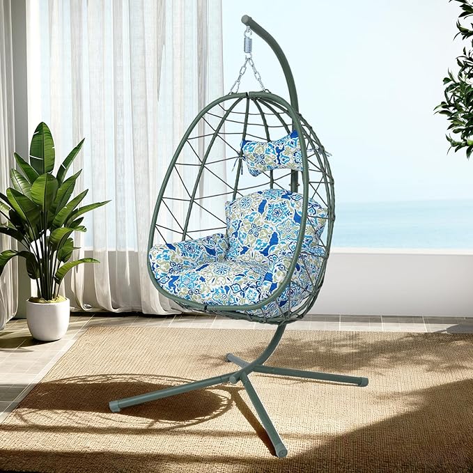 Hanging Egg Chair with Stand Outdoor Indoor Patio Rattan Swing Hammock Chairs with Washable Cushion PE Wicker Swing Chair for Backyard Bedroom Garden (Dark Green + Floral Cushion No Footrest)
