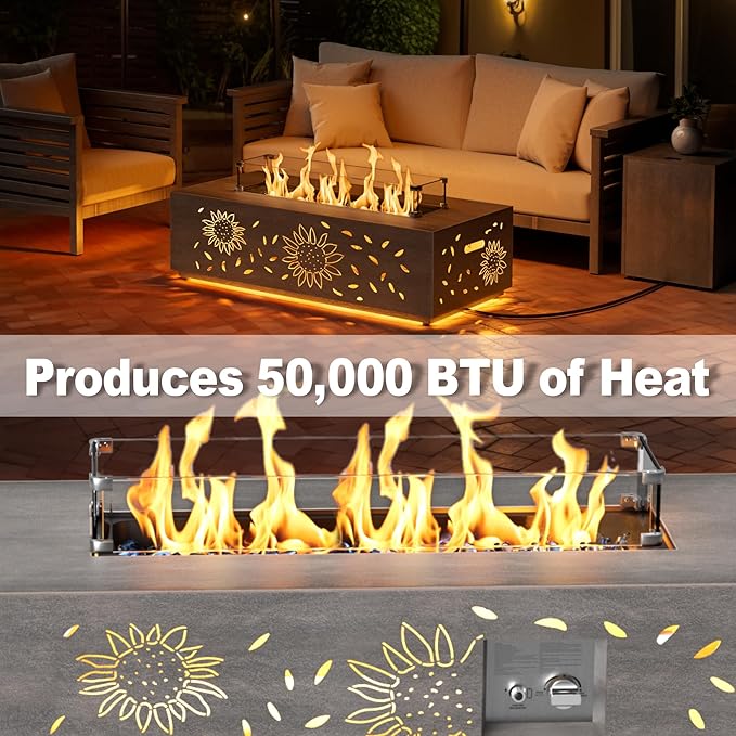 2-Piece 42 LED Rectangular Propane Fire Pit for Outside Patio with Hidden Tank Table 50000 BTU Fireplaces with Glass Wind Guard Lid Glass Rocks Cover(Sunflower w/Warm Light)