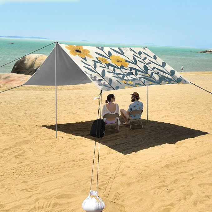 ALAZA Bee Flowers Beach Tent Sun Shelter UPF50+ Protection Beach Shade Canopy w/ 4 Sandbags for Outdoor Camping Fishing Backyard Fun Picnic 10x9 ft