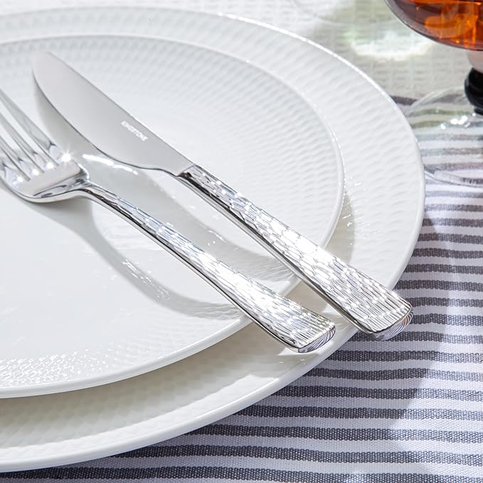 KINGSTONE Hammered Silverware Set 30-Piece Flatware Set 18/10 Stainless Steel Premium Cutlery with Unique Ripple Handles Design Mirror Polished - Dishwasher Safe