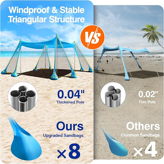 Rhino Valley Beach Tent Shade Canopy UPF50+ Protection 8 Sandbags 4 Stability Poles Outdoor Sun Shelter Umbrella for Sand Camping Fishing Essentials