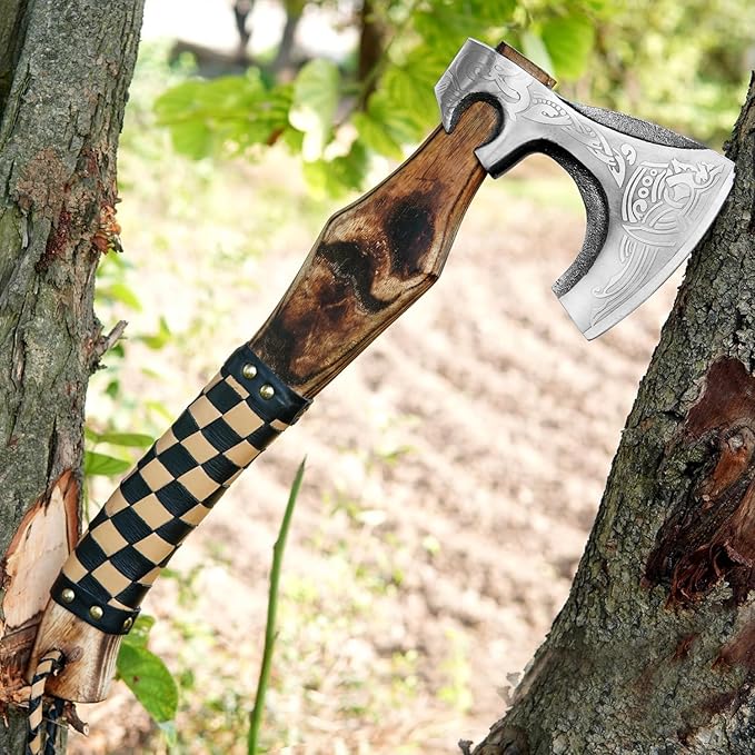 Valhala 19 Custom Gift Hand Forged Viking Axe- Carbon Steel Camping Axe with Rose Wood Shaft - Viking Gifts for Men Bearded Camping Axe (VALHALA 19)