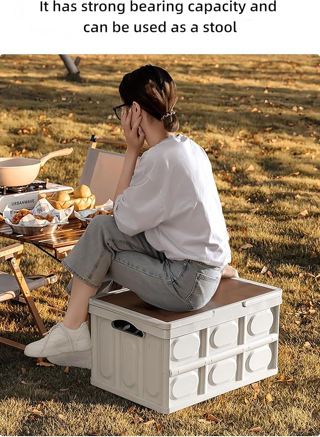 Outdoor Collapsible Storage Box with Handles and Wooden Lid Portable Large Capacity Stackable Crates Outdoor Storage Bin with Table Function Ideal for Car Trunk RV Trip Picnic (Black Small)