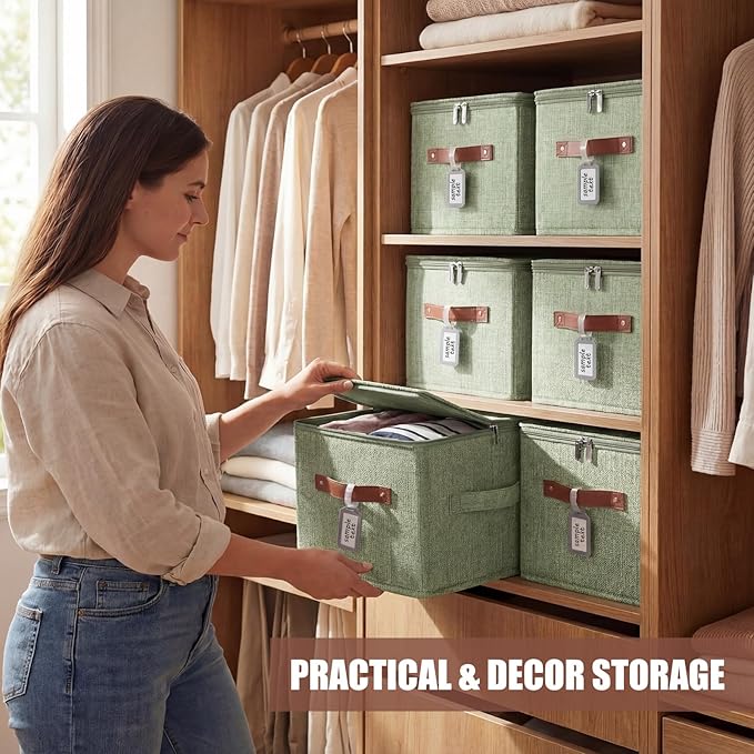 6 Pack Fabric Closet Storage Bins with Zipper Lids and Label 10×8×7In Large Size Foldable Cotton Linen Storage Cubes Boxes with PU Leather Handles Holders for Bedroom Shelf Nursery Green