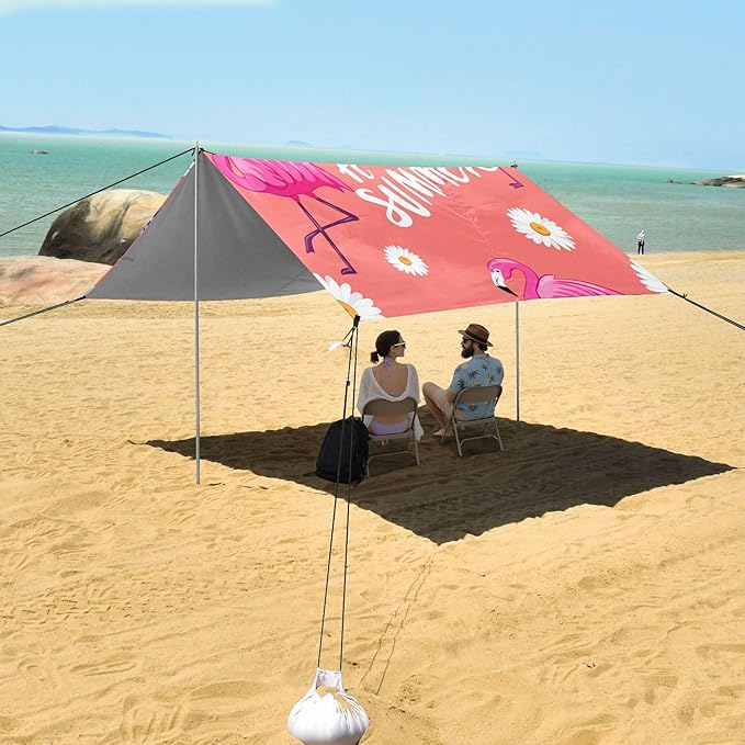 Flamingos Beach Canopy Sun Shelter with Sandbags &amp Sand Shovel &amp Windproof Ropes - Portable 110x126 Beach Shade Beach Tent for Camping Picnics