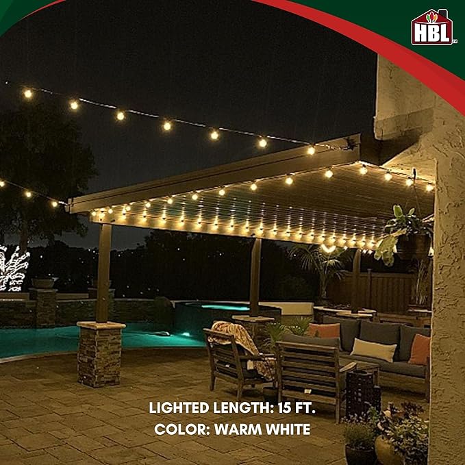 Holiday Bright Lights Belle Luci G40 String Lights 15-Bulb Set 15FT Bistro LED Bulbs Warm White with 12-Inch Spacing for Outdoor Patio